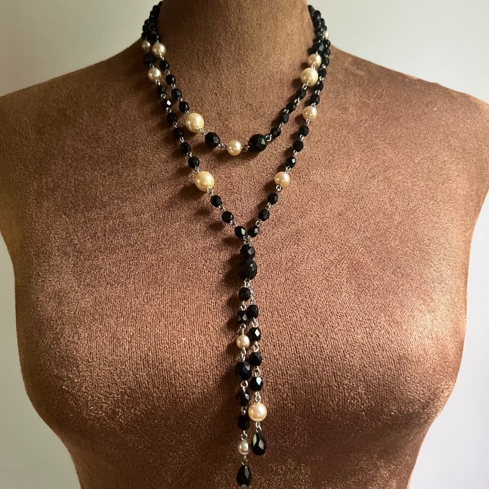 White House Black Market Black White Beaded Tassel Y Necklace One Size Whimsical